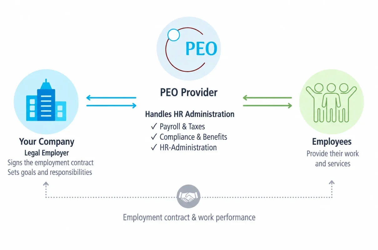 PEO model showing how a PEO provider handles HR administration, payroll, taxes, compliance and benefits for a company and its employees.
